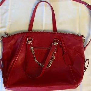 Coach red satchel, leather, crossbody handbag.